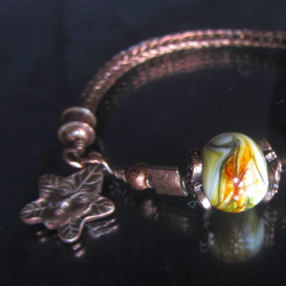 VIKING WEAVE BRACELET - Copper with Lampwork Bead - Maple Leaf Charm - Handmade - Picture 2 of 9